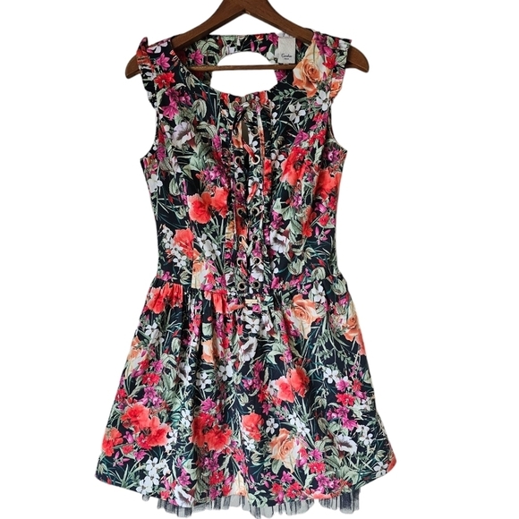 Eureka corset dress midi tealengh floral open back lined black tulle ham lined M - Picture 2 of 8